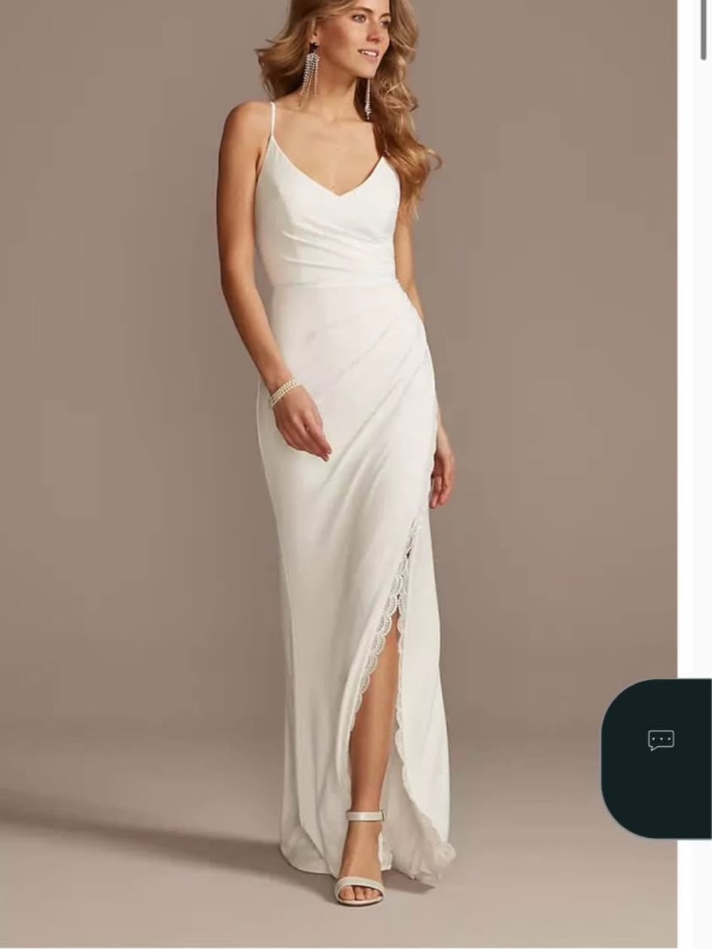 David's Bridal White Spaghetti-Strap Maxi Gown with Lace Slit